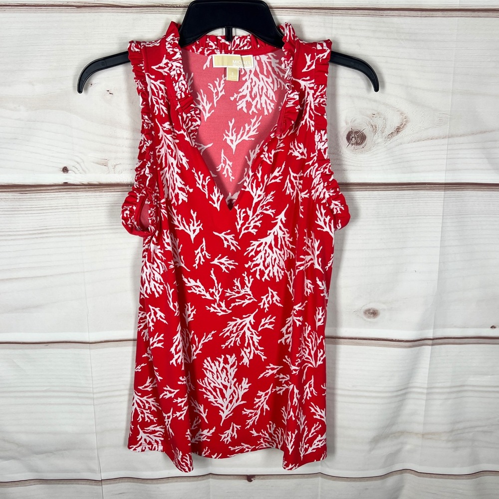 Michael Kors Sleeveless Blouse Women Small Red Coral Print Ruffle V-Neck Stretch